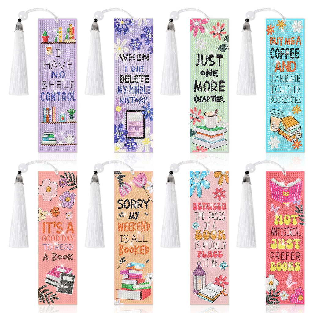 Eight diamond art bookmark kits with tassels, featuring various quotes and designs like books, coffee, and flowers.