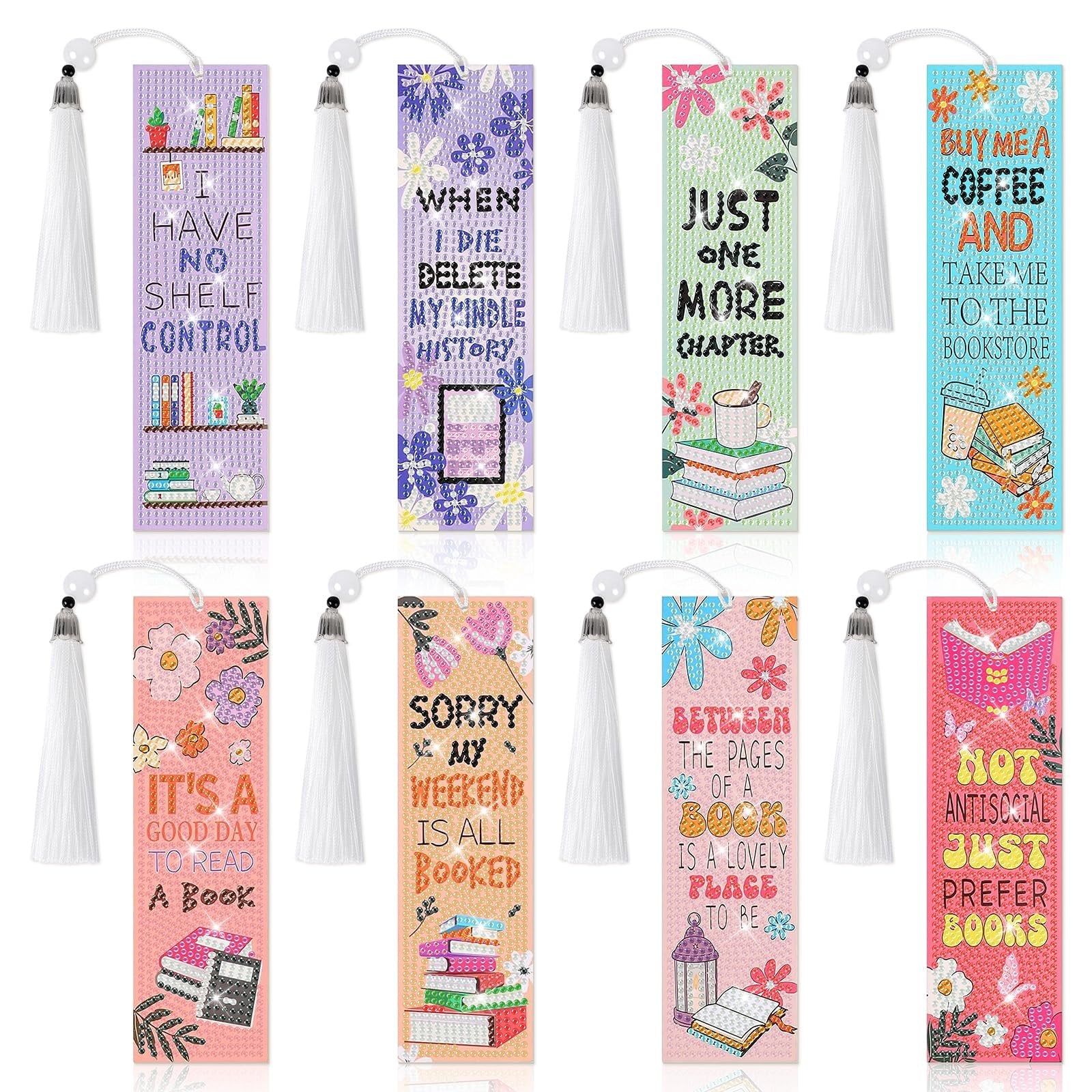 Eight diamond art bookmark kits with tassels, featuring various quotes and designs like books, coffee, and flowers.