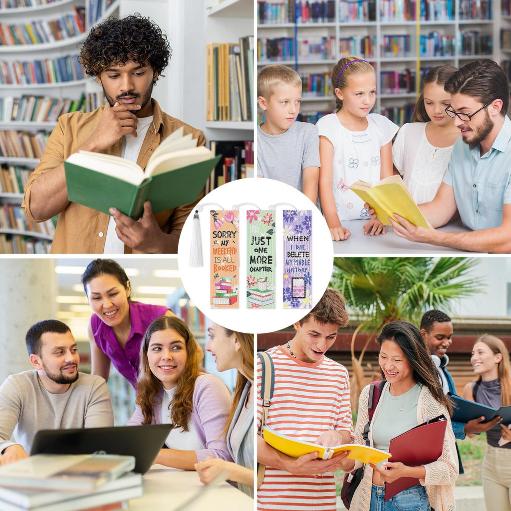 Collage of people reading and diamond art bookmarks with Bible verses. Includes a man reading a book, children and an adult reading, students studying, and young adults reading outdoors.
