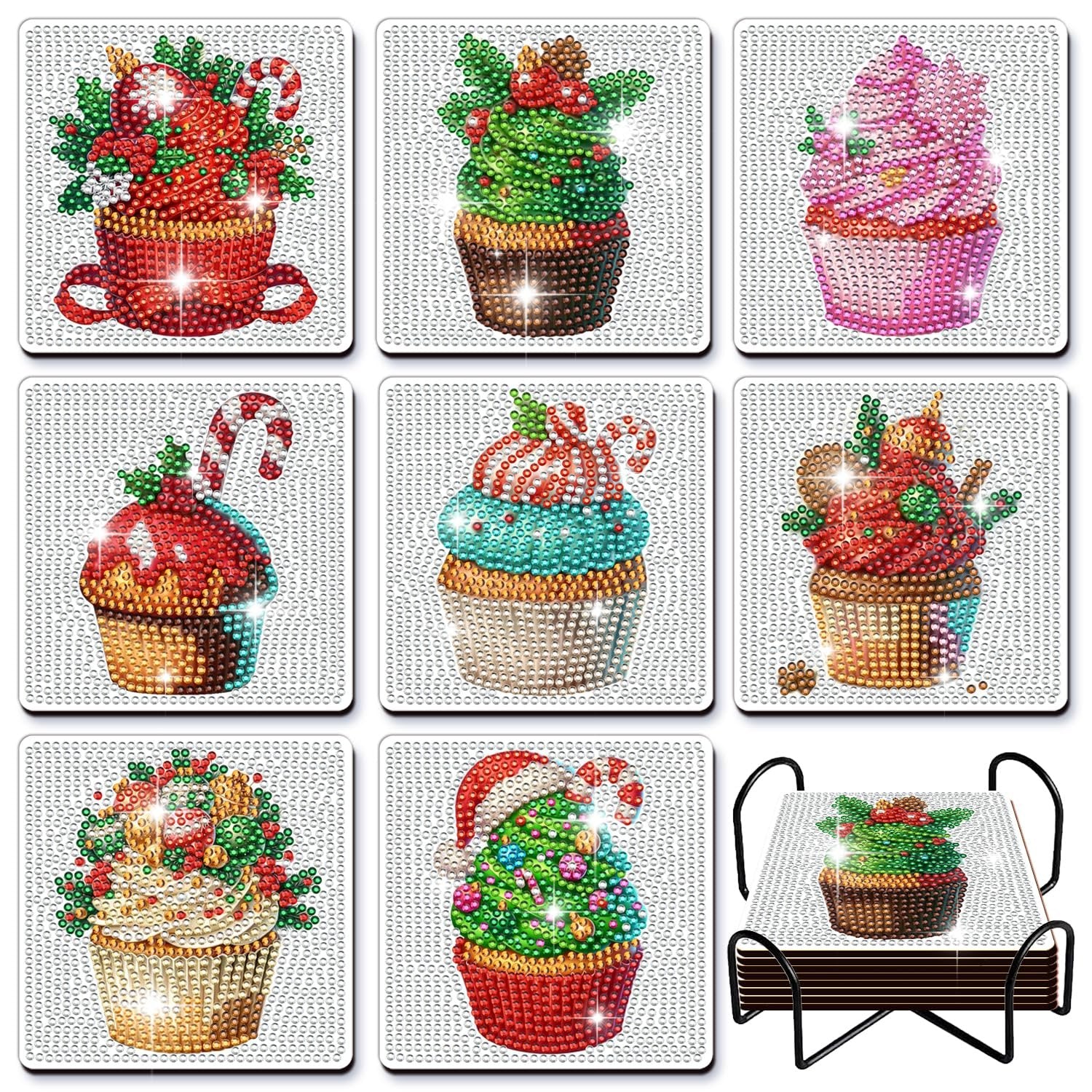 Diamond art painting coasters with Christmas cupcake designs and a black metal holder
