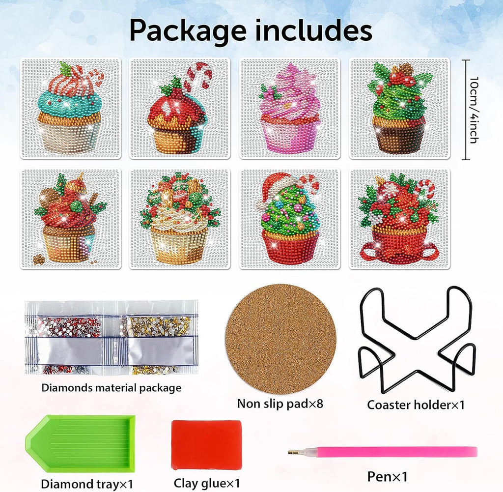 Christmas cupcake diamond art painting coasters set with holder and accessories laid out
