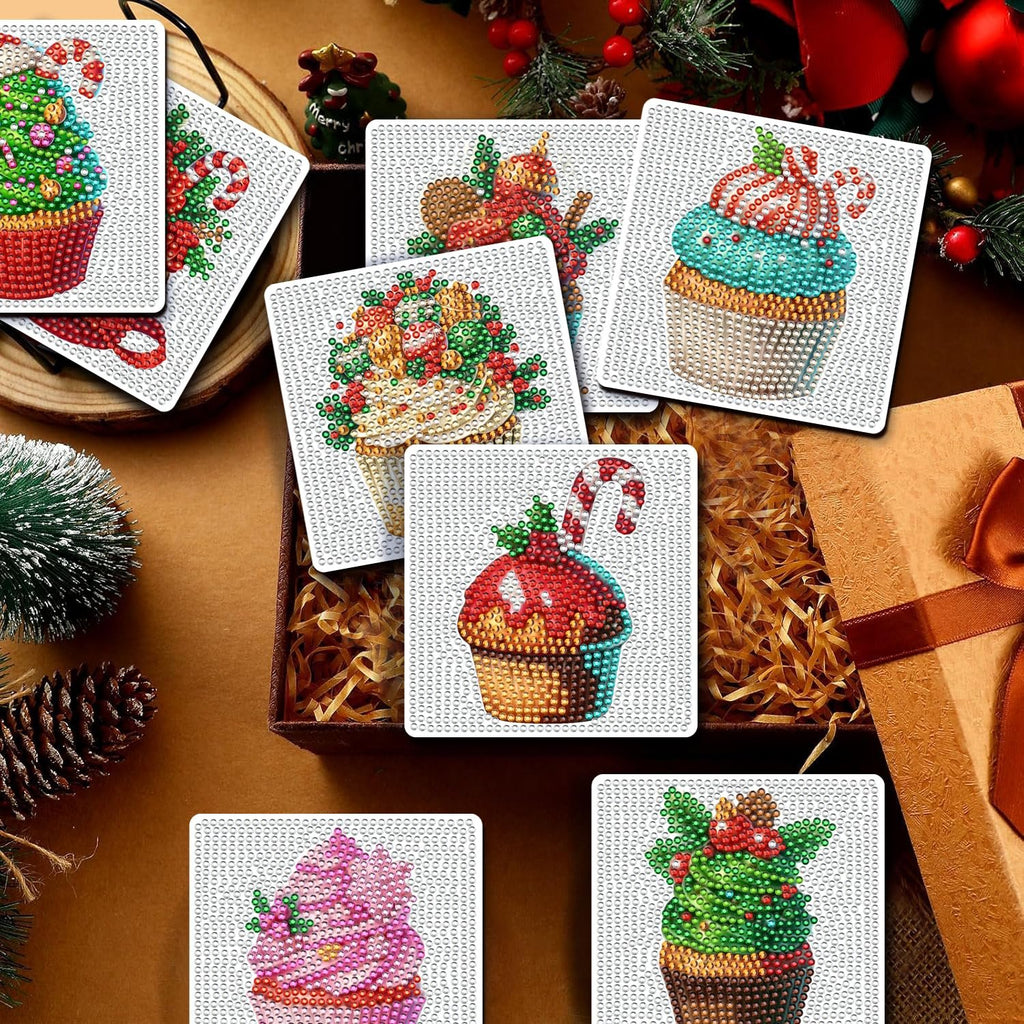 Christmas cupcake diamond art painting coasters set with holder, festive designs