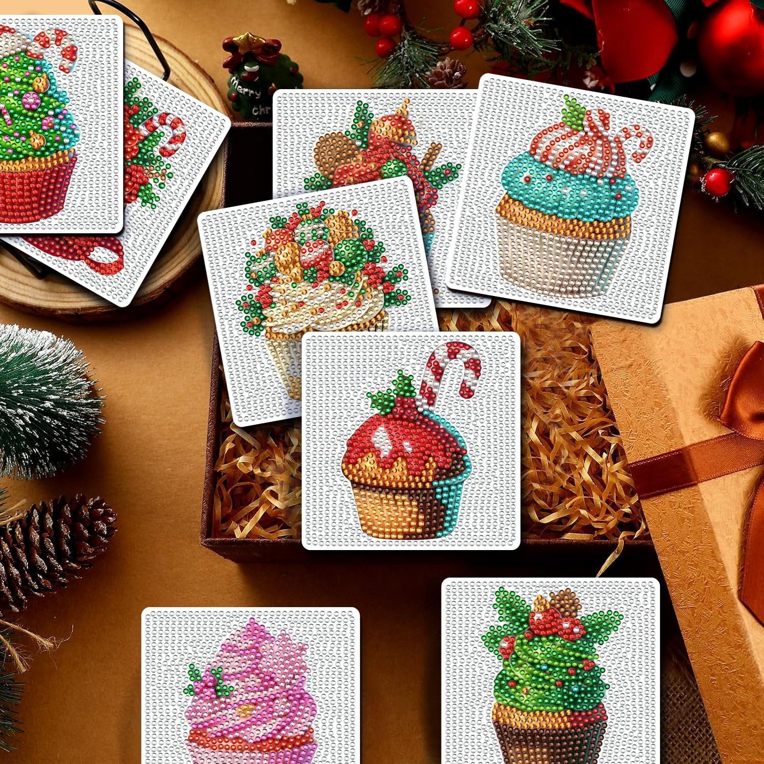 Christmas cupcake diamond art painting coasters set with holder, festive designs