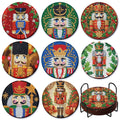 Set of 8 Christmas nutcracker diamond art coasters with holder, each featuring a unique nutcracker design.