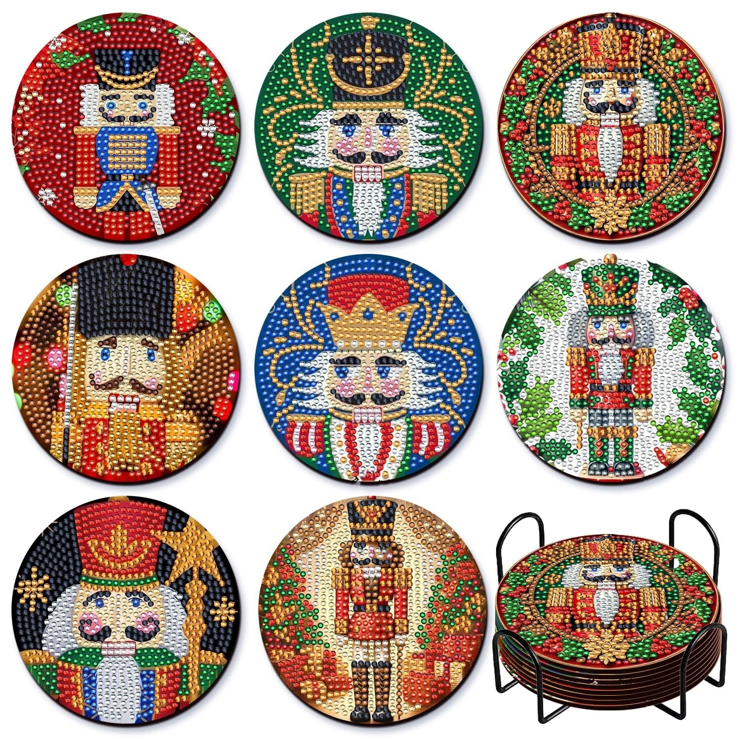 Set of 8 Christmas nutcracker diamond art coasters with holder, each featuring a unique nutcracker design.