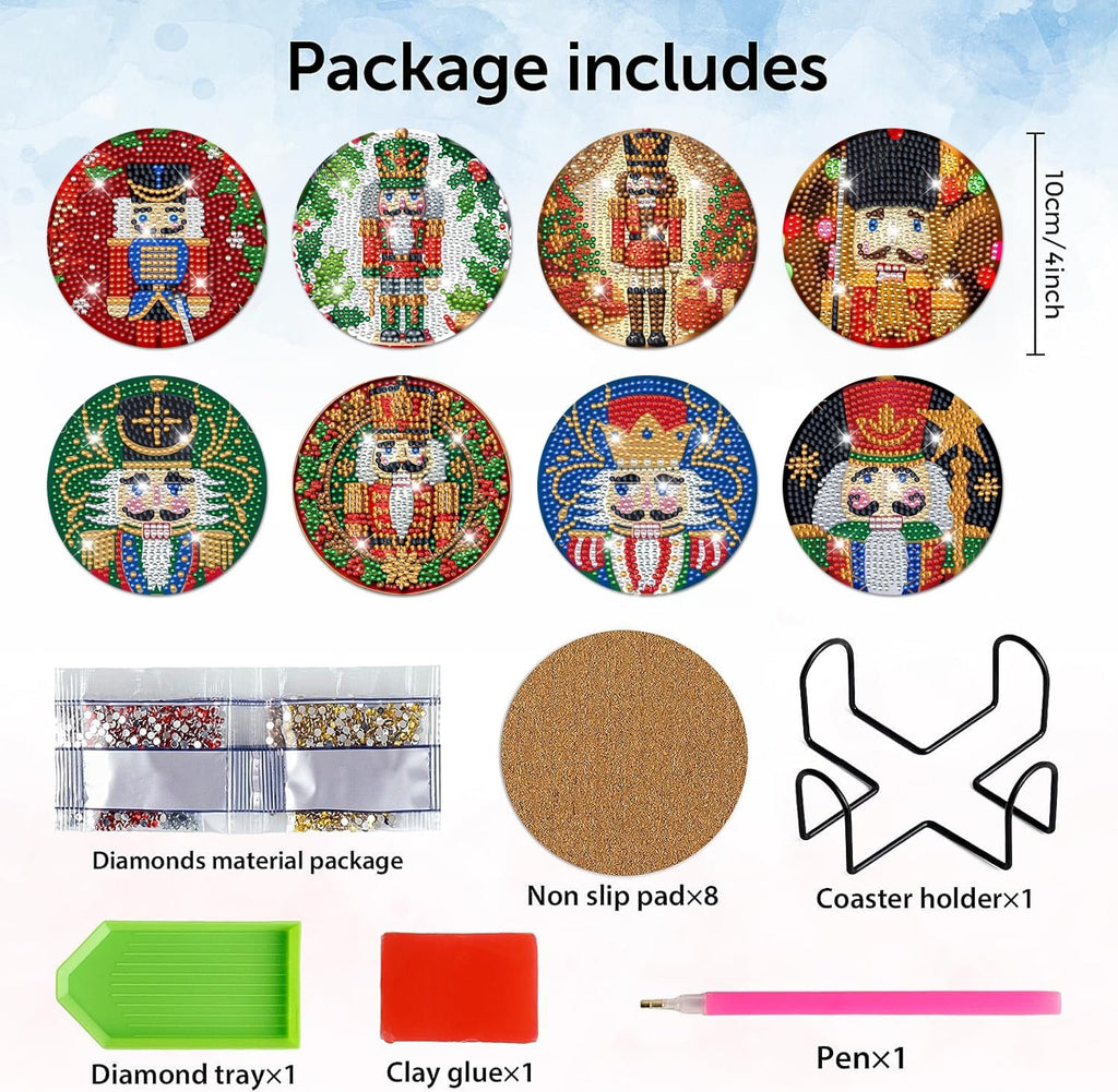 Christmas soldier diamond art coaster kit contents including 8 coasters, diamond bags, cork pads, holder, tray, glue, and pen.