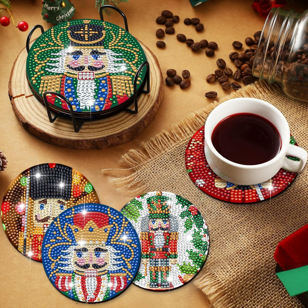 Christmas soldier diamond art coasters in a holder with a cup of coffee and coffee beans on a textured surface