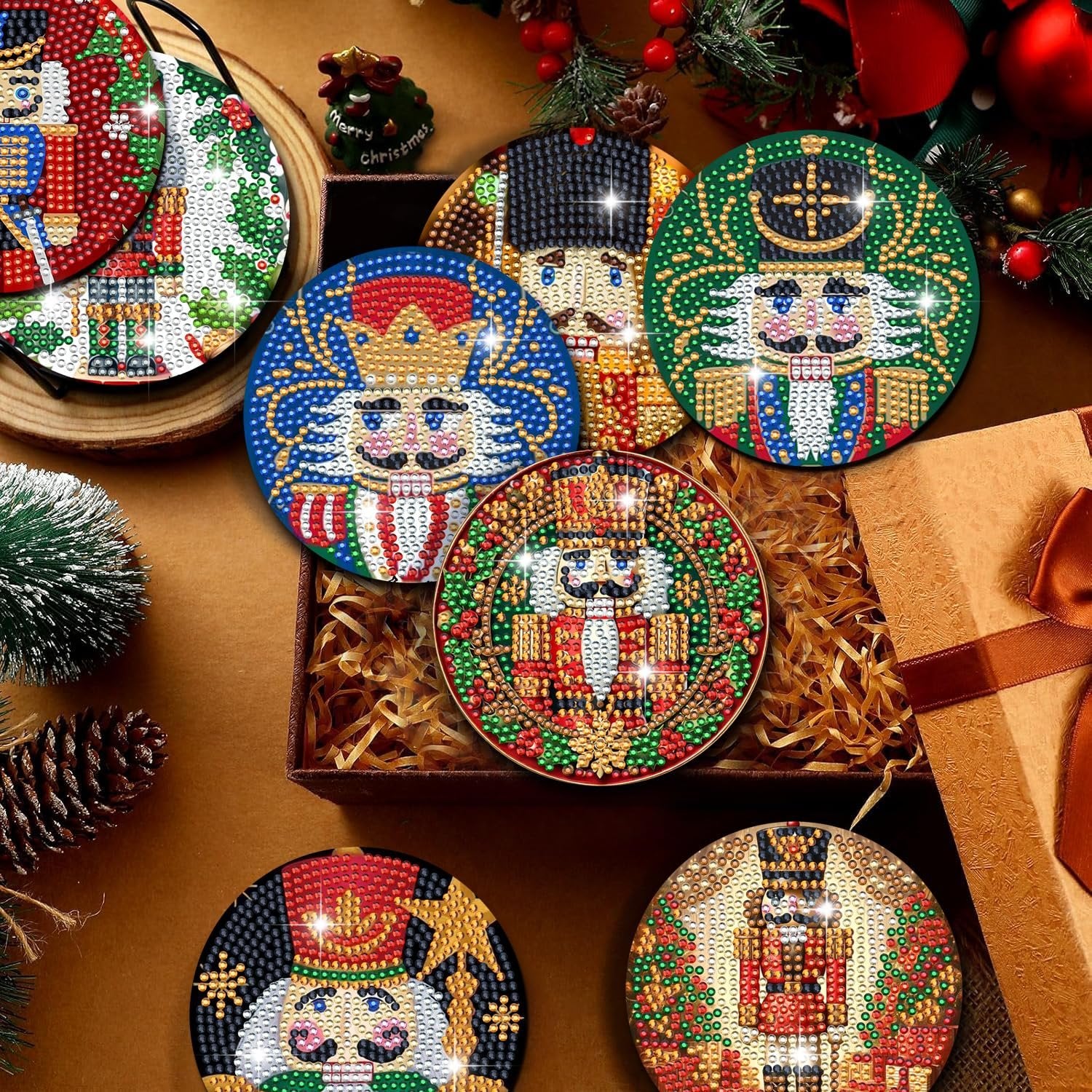 Christmas nutcracker diamond art coasters arranged in a gift box and around it, with festive decorations.