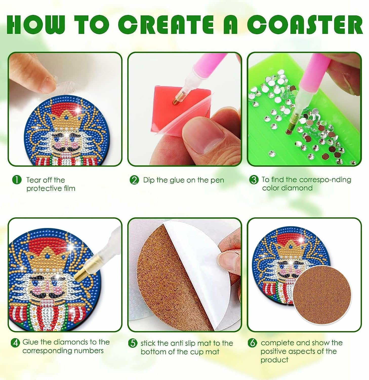 Collage showing 6 steps to create a diamond art coaster with a nutcracker design.