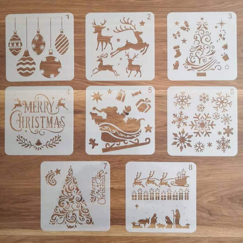 Set of 8 Christmas-themed stencils with designs including ornaments, reindeer, Santa's sleigh, snowflakes, Christmas trees, and nativity scene.