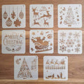Set of 8 Christmas-themed stencils with designs including ornaments, reindeer, Santa's sleigh, snowflakes, Christmas trees, and nativity scene.