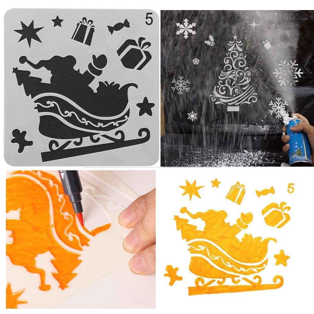Collage of Christmas stencils: Santa in sleigh, Christmas tree with spray paint, hand coloring a stencil, and a yellow Santa stencil.