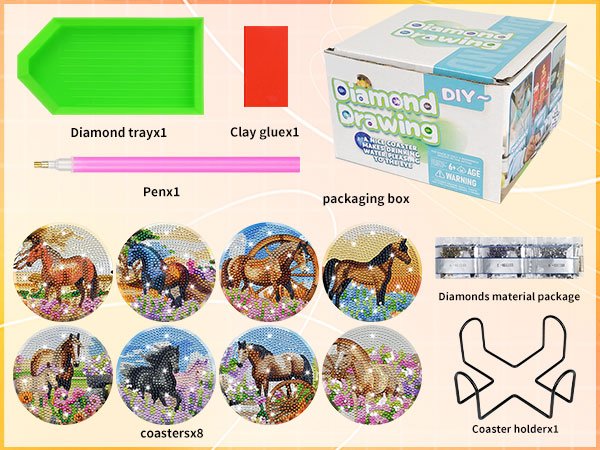 Diamond art horse coaster kit contents including tray, pen, glue, diamonds, coasters, and holder.