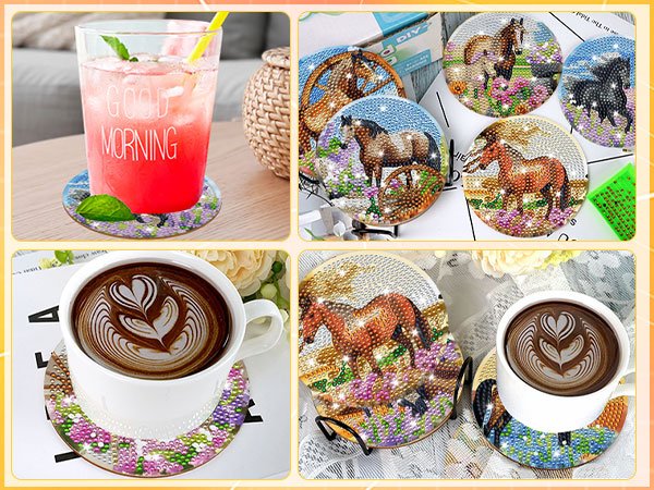 Diamond art coasters with horse designs and floral patterns, shown in use with drinks and a holder.