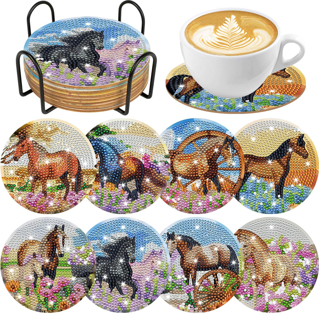 Diamond art horse coasters in a holder with a coffee cup on one coaster, set of 8 coasters