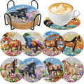 Diamond art horse coasters in a holder with a coffee cup on one coaster, set of 8 coasters