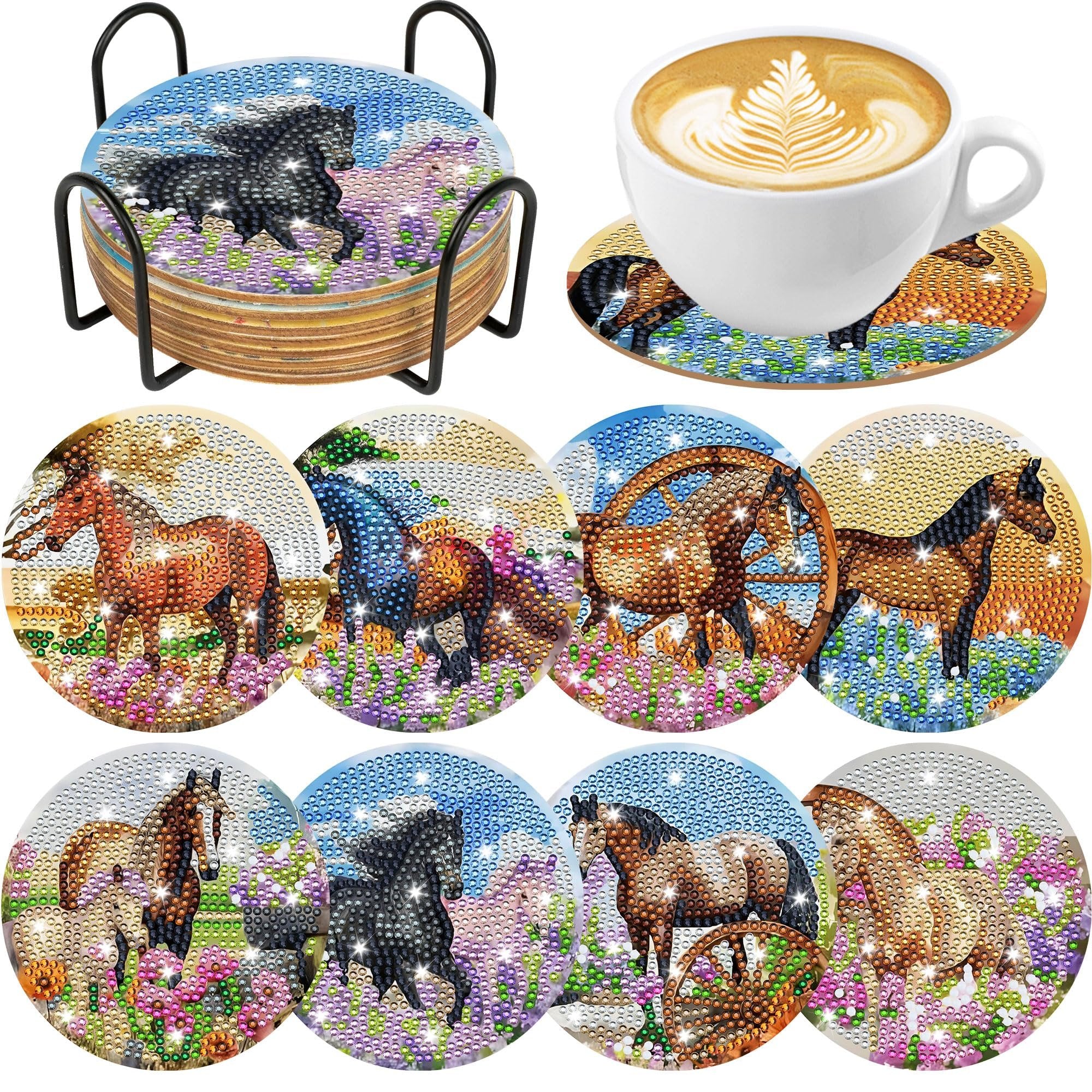 Diamond art horse coasters in a holder with a coffee cup on one coaster, set of 8 coasters