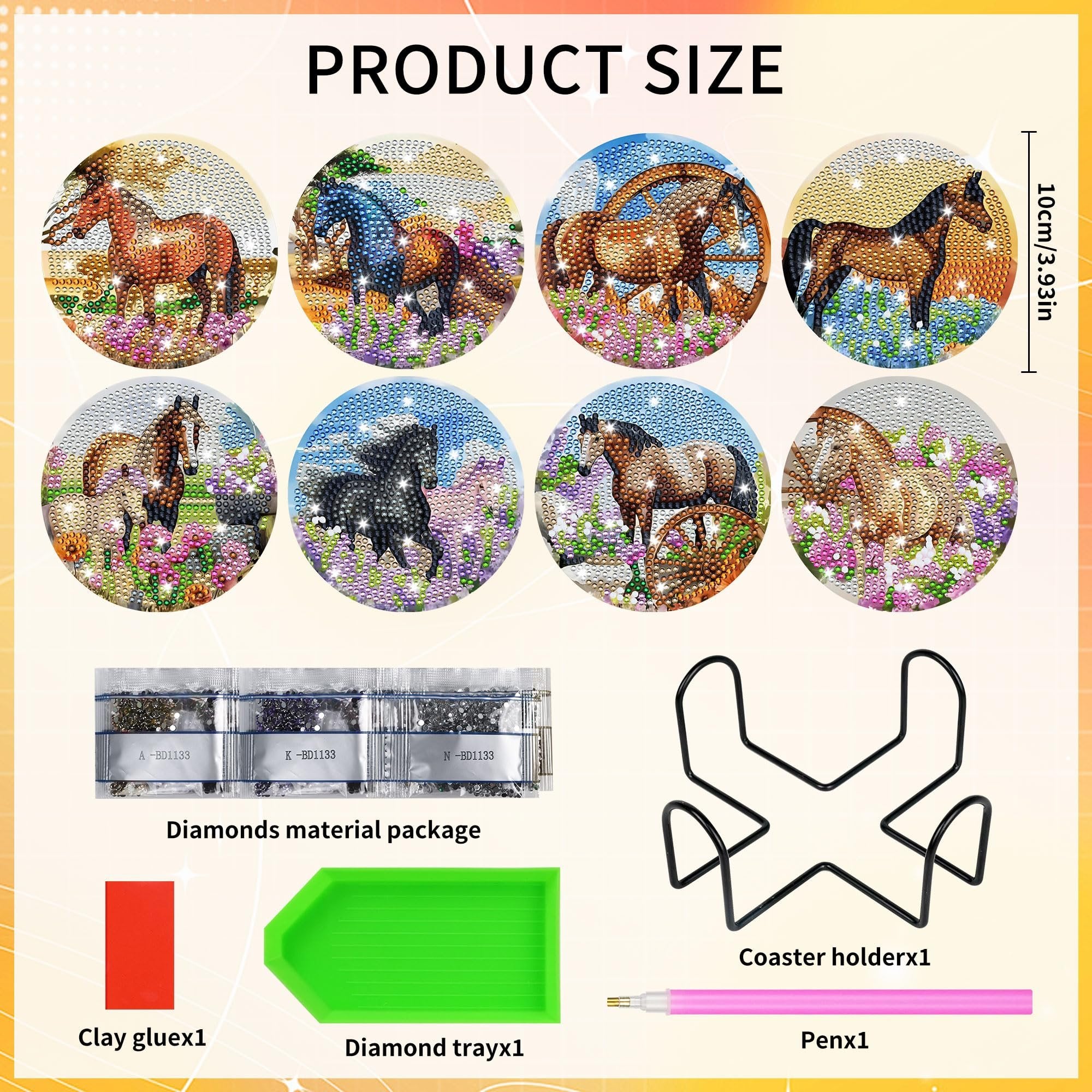 Diamond art coaster kit contents including eight horse designs, diamond bags, clay, tray, pen, and holder.