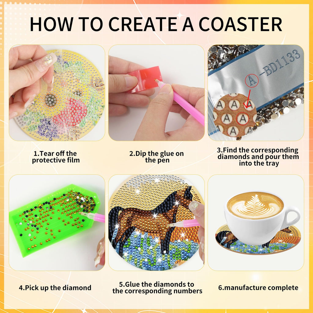 Diamond art coaster kit instructions showing steps from peeling film to finished coaster with coffee cup.