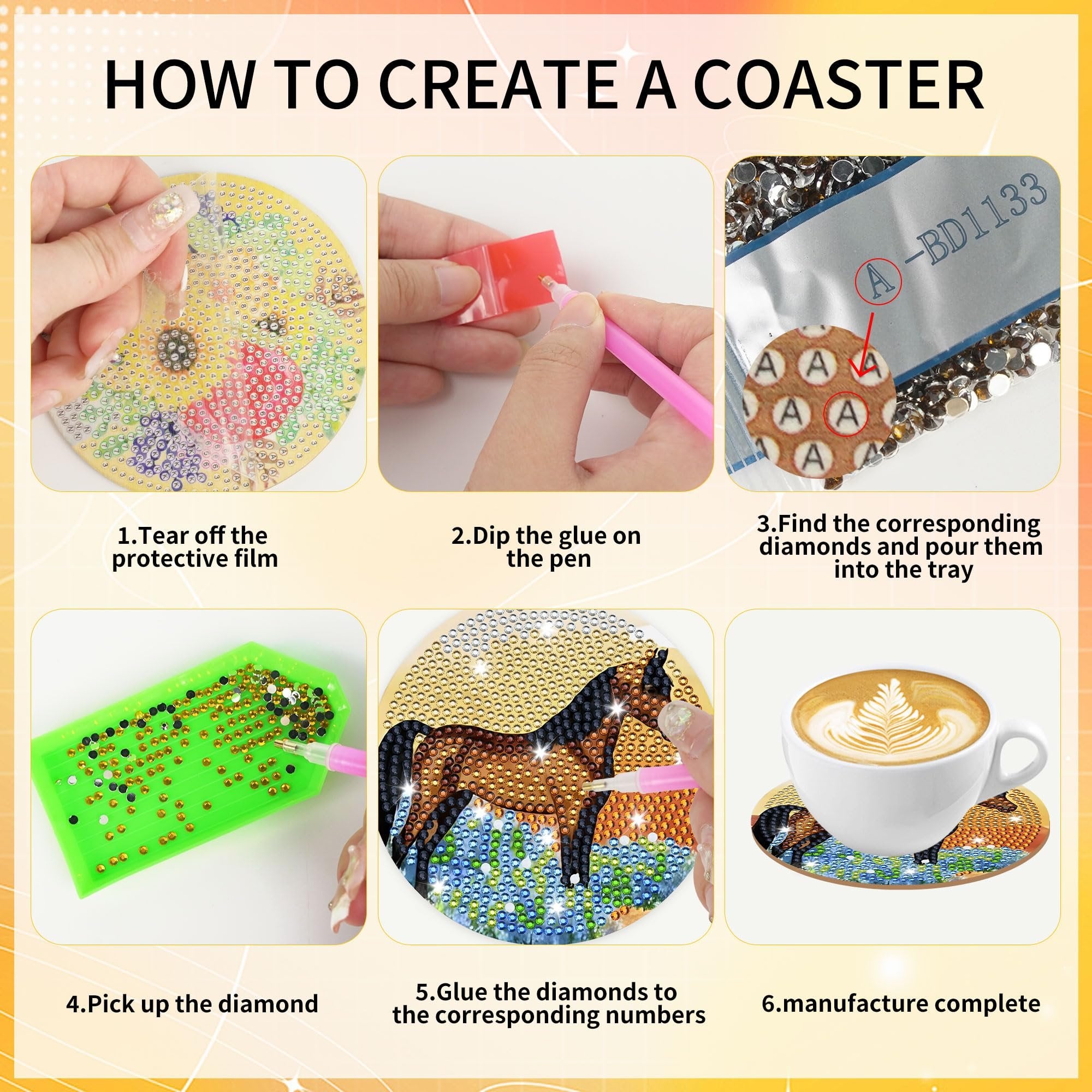 Diamond art coaster kit instructions showing steps from peeling film to finished coaster with coffee cup.