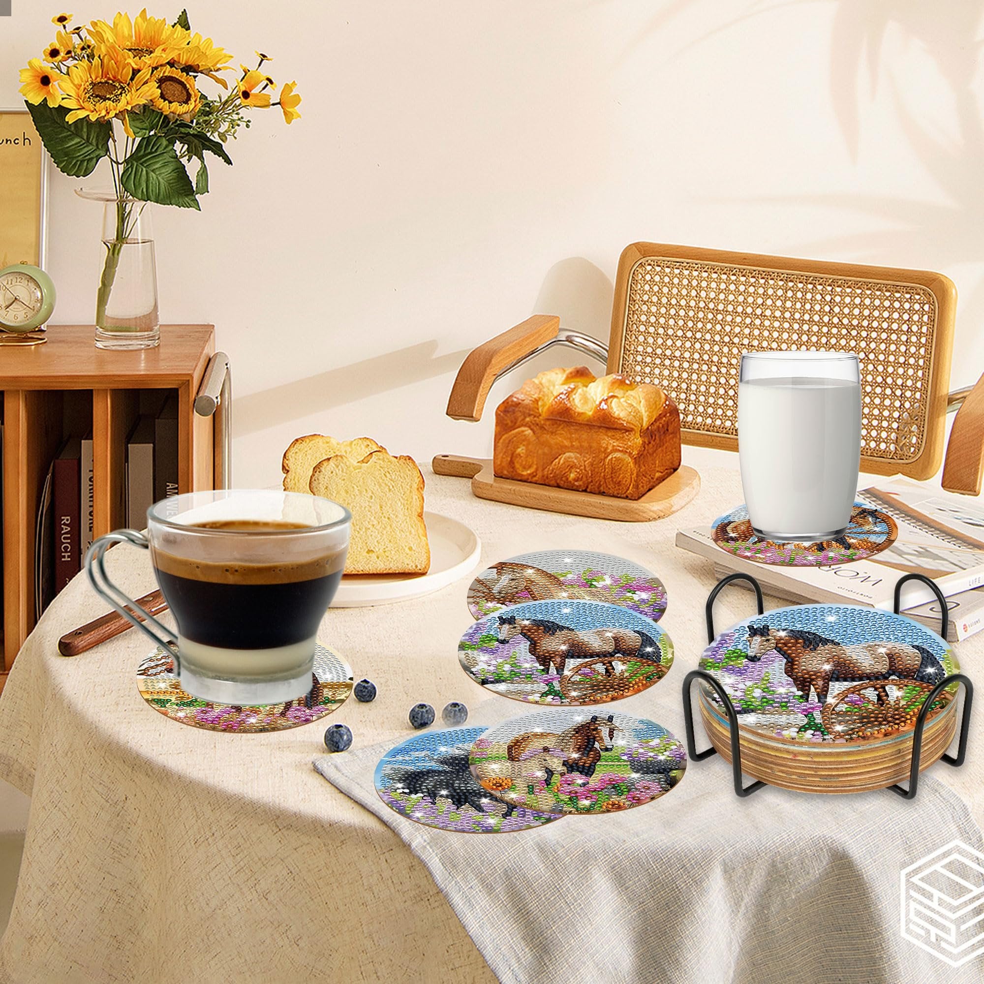 Diamond art horse coasters and holder on a table with coffee and bread