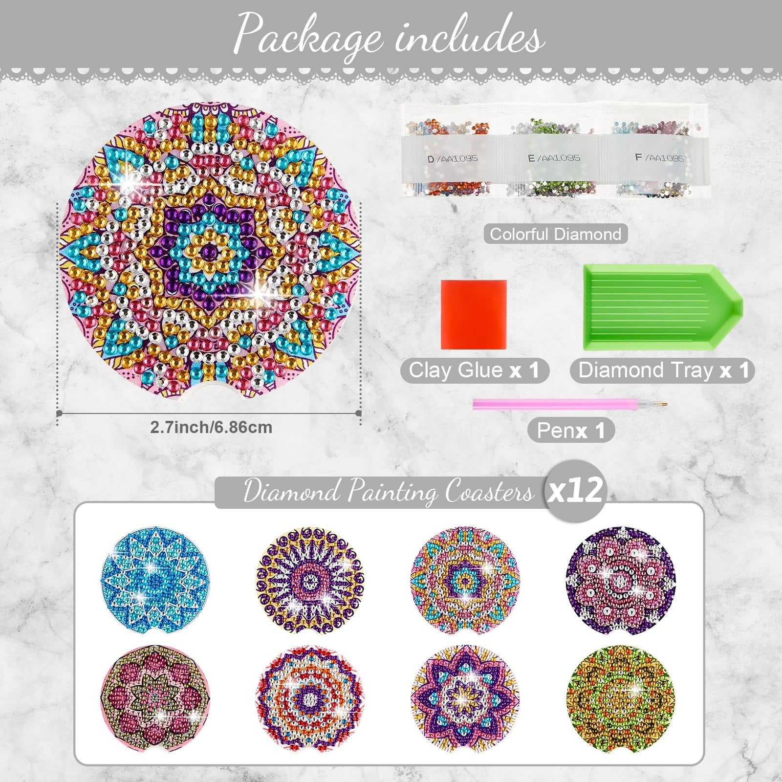 Diamond painting car coaster kit contents including one finished coaster, diamond bags, clay glue, tray, and pen, plus examples of 8 finished coasters.