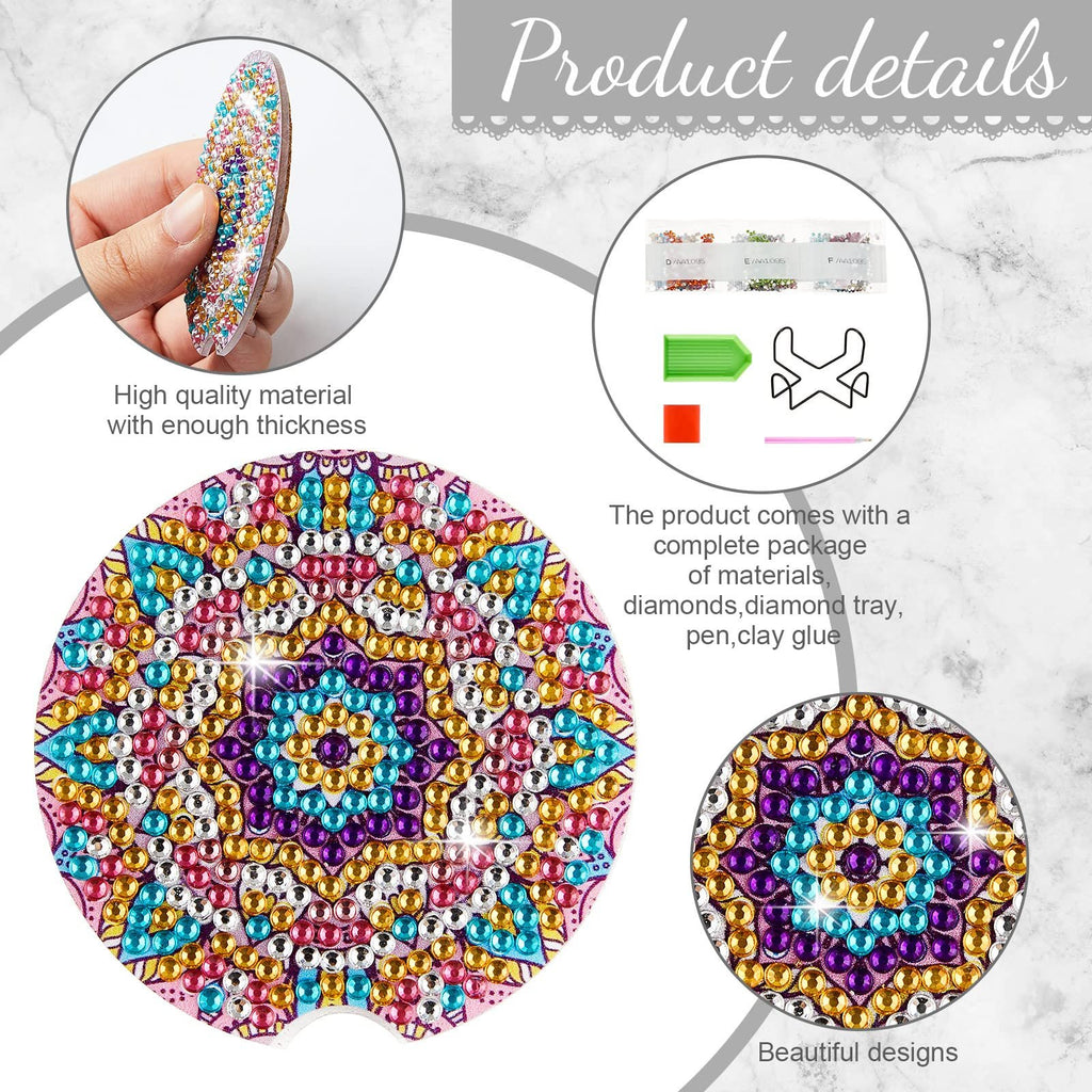Diamond painting car coaster kit with colorful mandala design, showing included materials and close-ups of coasters.