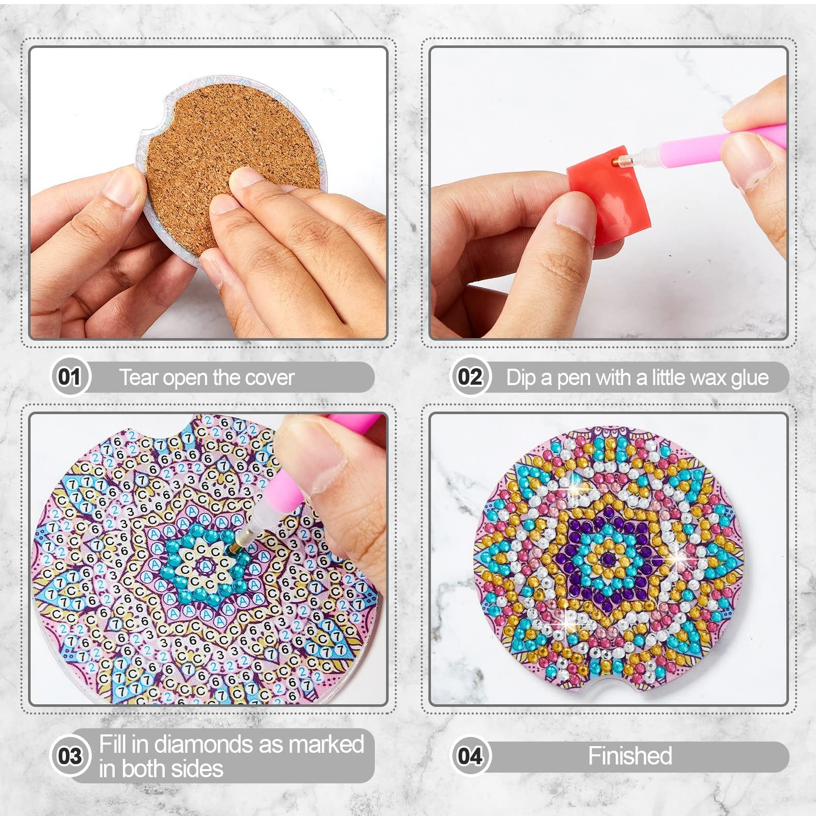 Diamond painting car coaster kit instructions showing four steps: peeling cover, dipping pen, applying diamonds, and finished coaster.