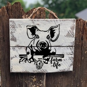 Farm theme wooden sign with pig graphic and 'farm life' text, hanging on a rustic fence.