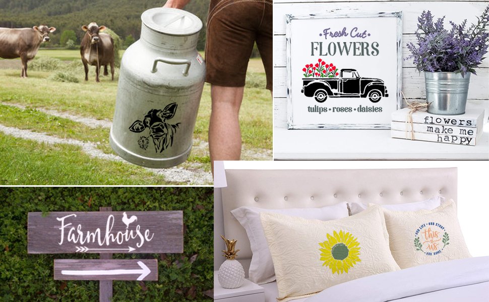 Collage of farm-themed stencils and decor: cow on milk can, truck with flowers sign, farmhouse sign, and pillows with sunflower and quote.