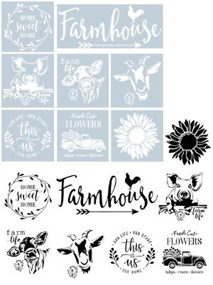 Collection of farm-themed stencils including 'Farmhouse', 'Home Sweet Home', pig, cow, goat, sunflower, and vintage truck designs.