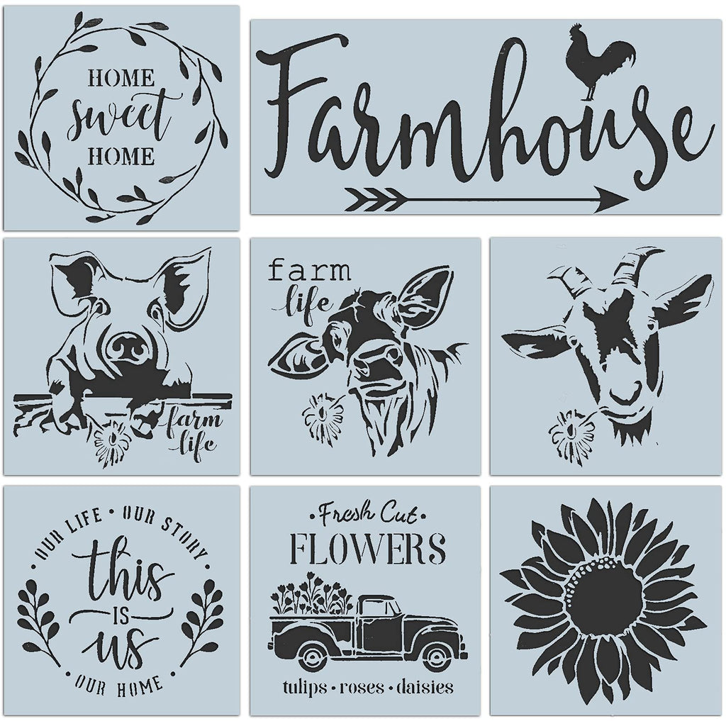 Collage of 8 farm-themed stencils: 'Home Sweet Home', 'Farmhouse', pig, cow, goat, 'Our Life Our Story This Is Us', truck with flowers, and sunflower.