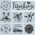 Collage of 8 farm-themed stencils: 'Home Sweet Home', 'Farmhouse', pig, cow, goat, 'Our Life Our Story This Is Us', truck with flowers, and sunflower.