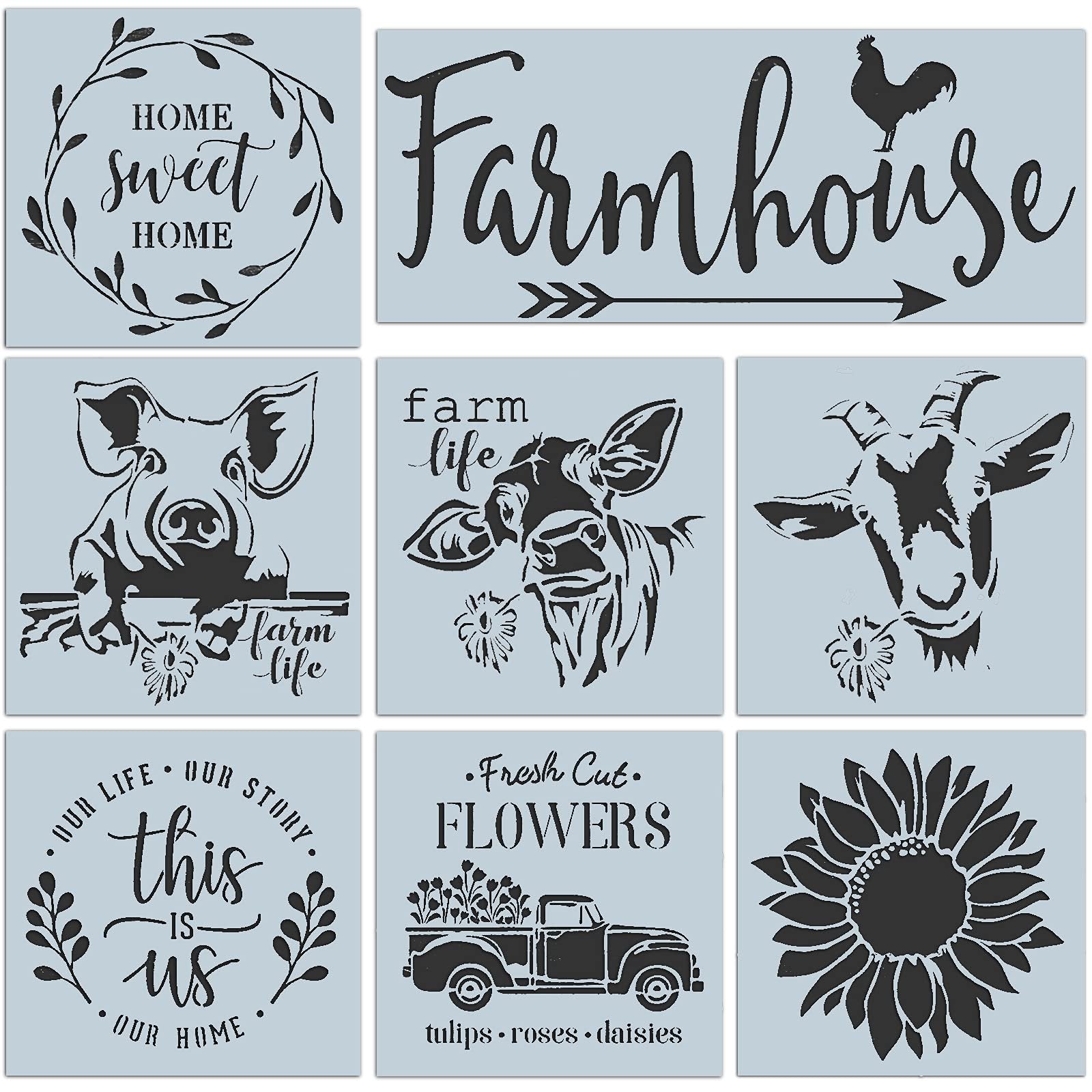 Collage of 8 farm-themed stencils: 'Home Sweet Home', 'Farmhouse', pig, cow, goat, 'Our Life Our Story This Is Us', truck with flowers, and sunflower.