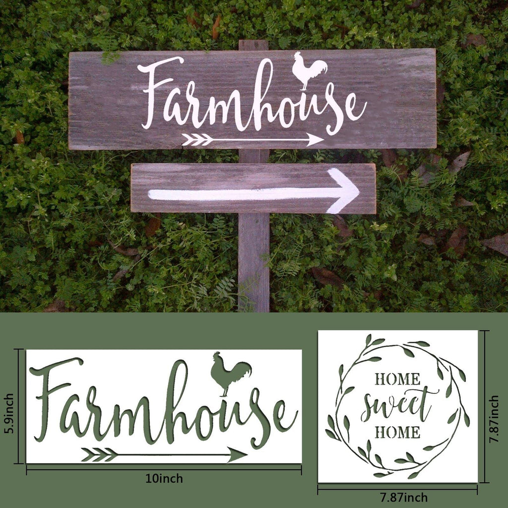 Farmhouse sign and two stencils with dimensions shown, set against a green leafy background.