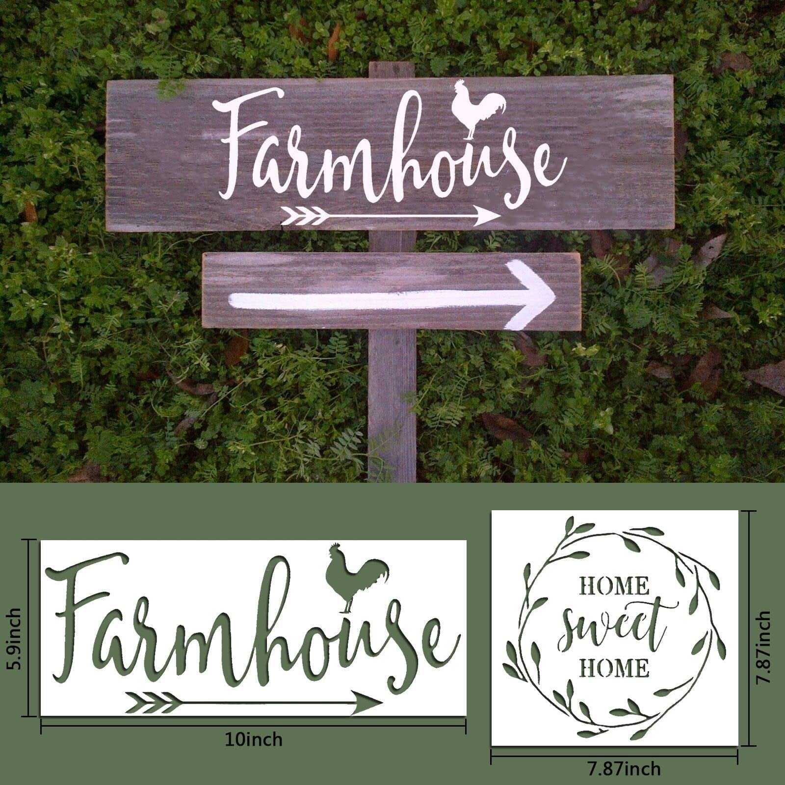 Farmhouse sign and two stencils with dimensions shown, set against a green leafy background.