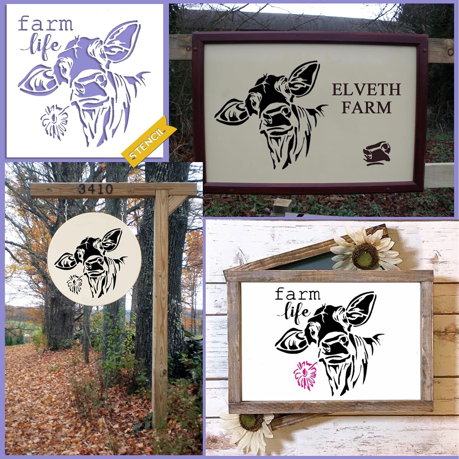 Collage of four farm-themed stencils featuring cows and flowers. One stencil is purple with 'farm life' text. Another shows a black cow stencil on a sign with 'ELVETH FARM' text. A third shows a black cow stencil on a circular sign on a wooden post. The fourth shows a black cow stencil with 'farm li