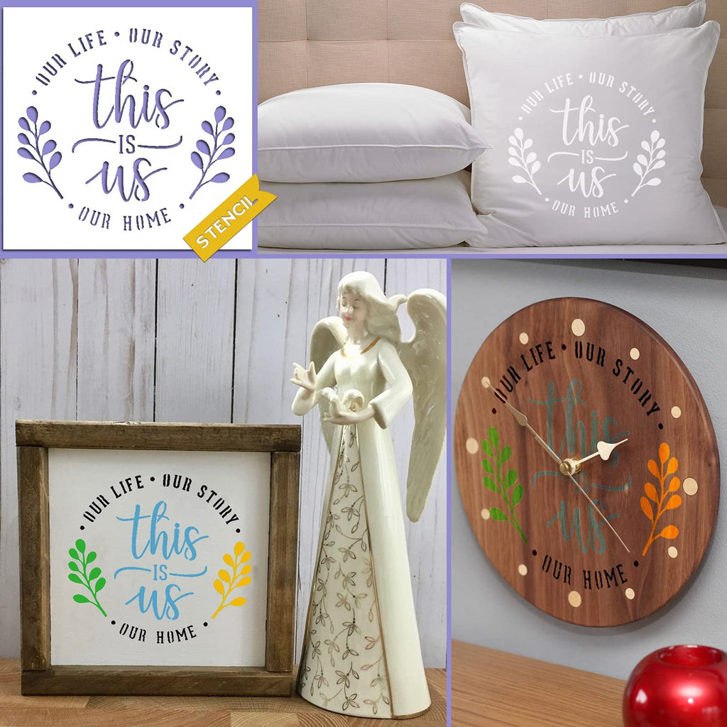 Collage of home decor items featuring the phrase 'Our Life Our Story This Is Us Our Home' stenciled on a pillow, framed sign, and clock.