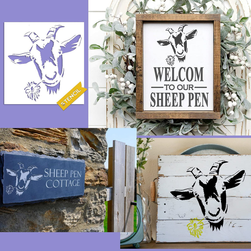 Collage of farm-themed stencils and applications including a goat stencil, a welcome sign, a slate house sign, and a painted wooden sign.