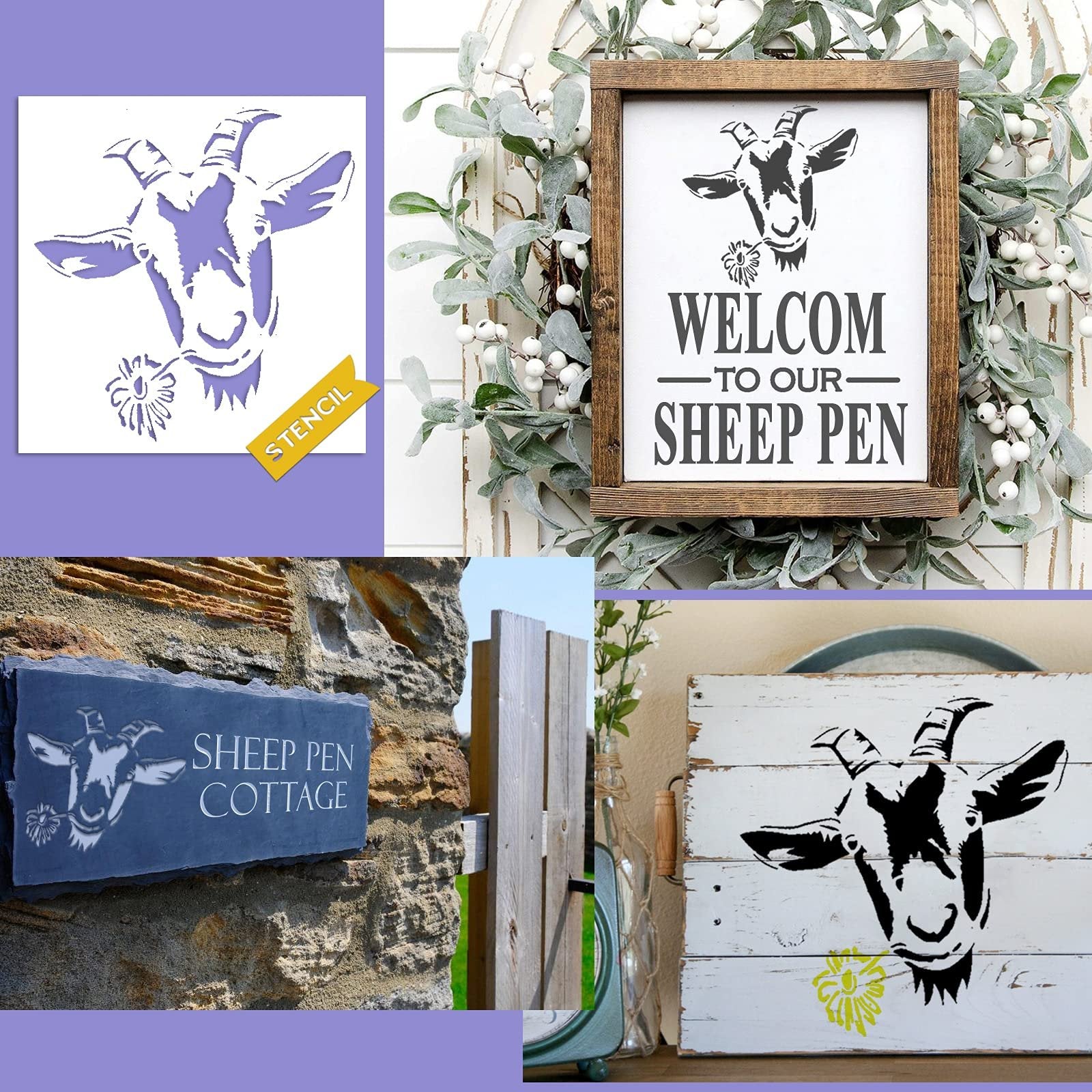 Collage of farm-themed stencils and applications including a goat stencil, a welcome sign, a slate house sign, and a painted wooden sign.