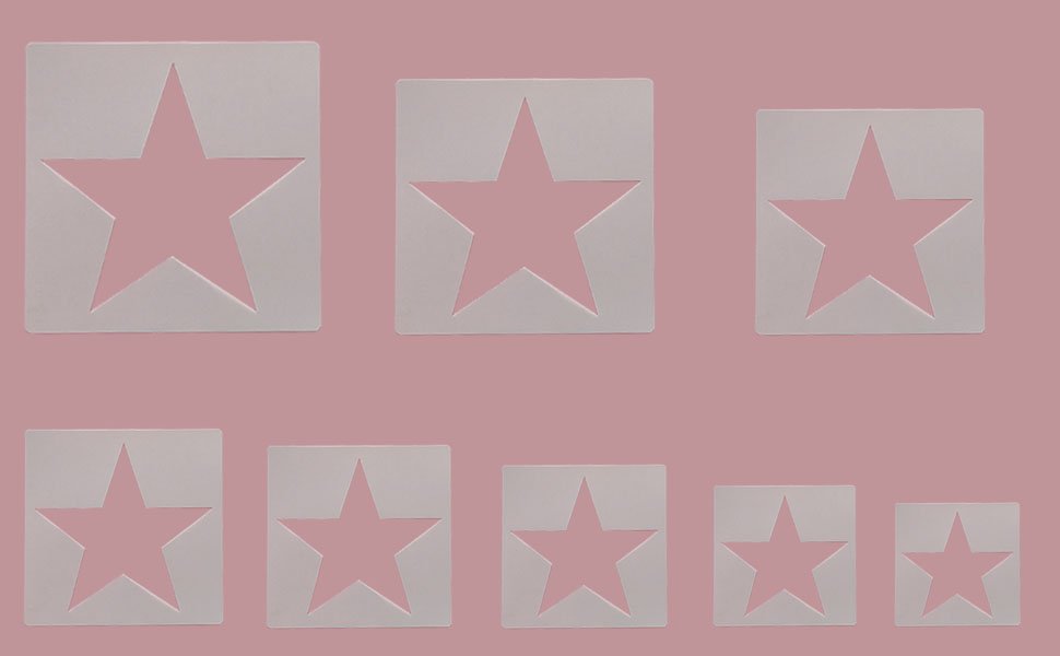 Set of eight large star stencils in varying sizes arranged on a pink background.