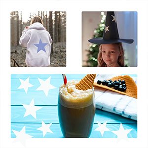 Collage of three lifestyle images: person wearing hoodie with star, child wearing witch hat with stars, and a drink with stars overlay.