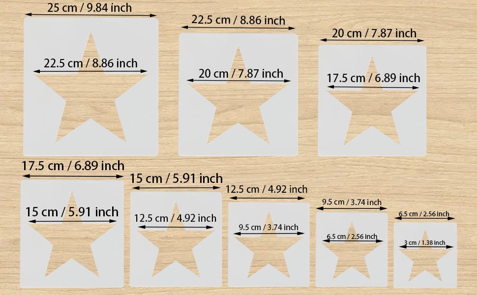 Set of eight star stencils in various sizes, displayed on a wooden background with dimension labels.