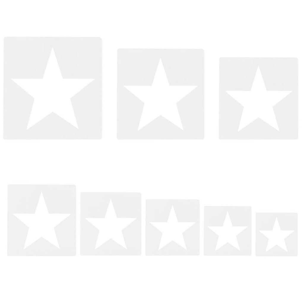 Set of eight white star stencils on a white background, arranged in two rows of varying sizes.