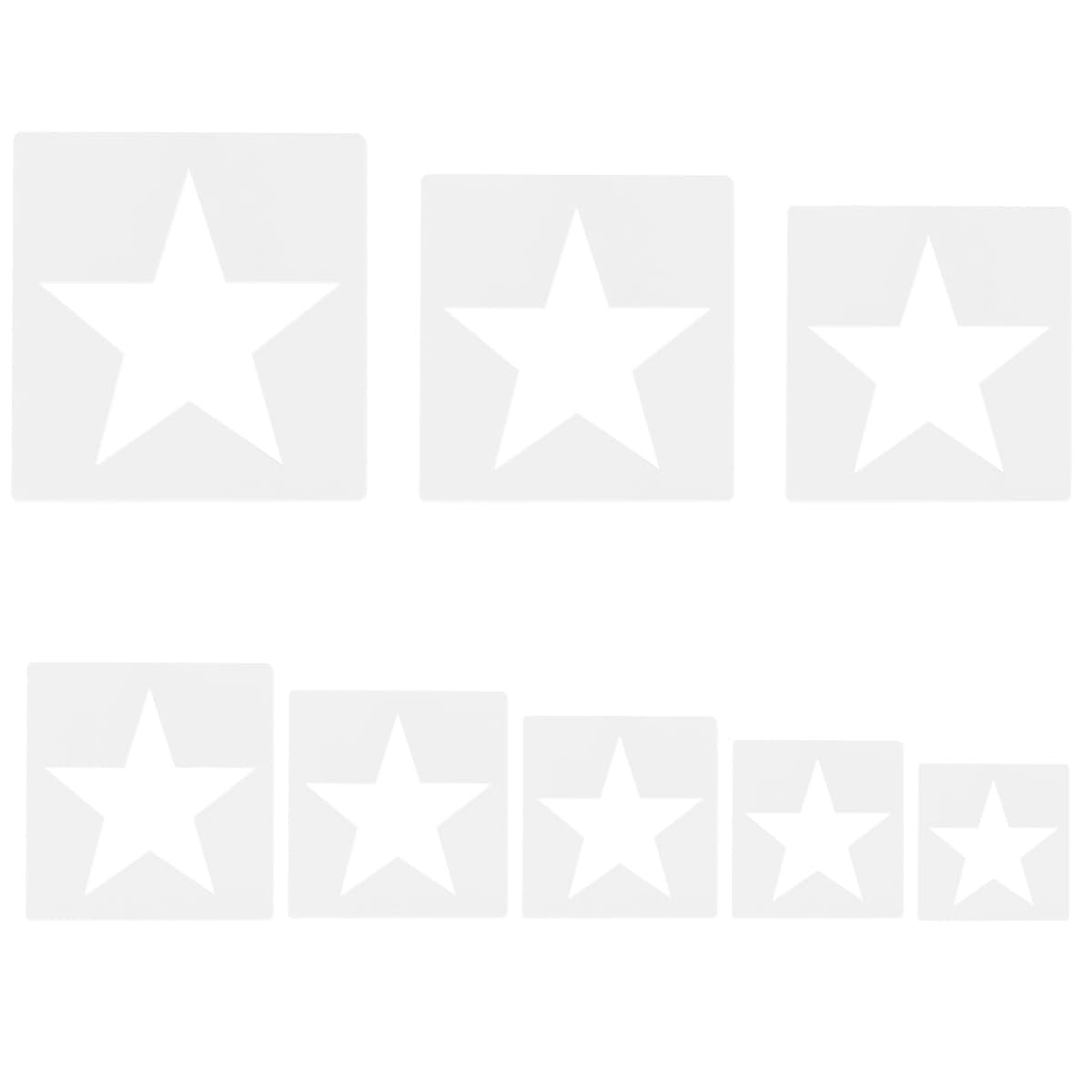 Set of eight white star stencils on a white background, arranged in two rows of varying sizes.