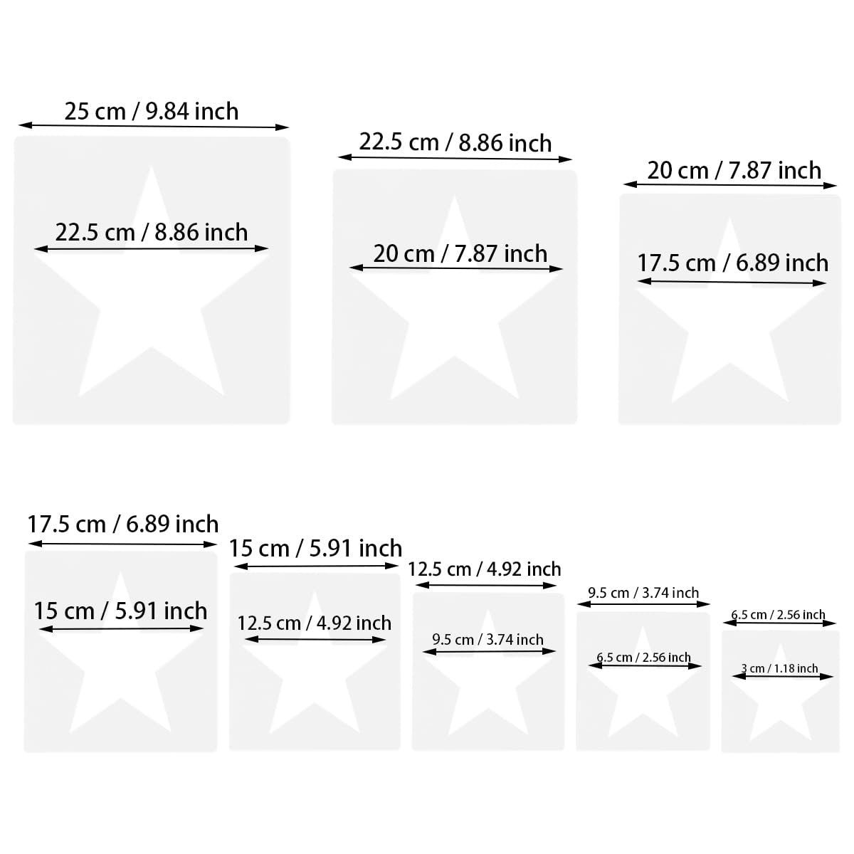 Set of 8 star stencils in various sizes, with dimensions indicated in cm and inches.