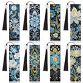 Eight diamond art bookmarks with floral and mandala designs, each with a tassel and decorative bead.