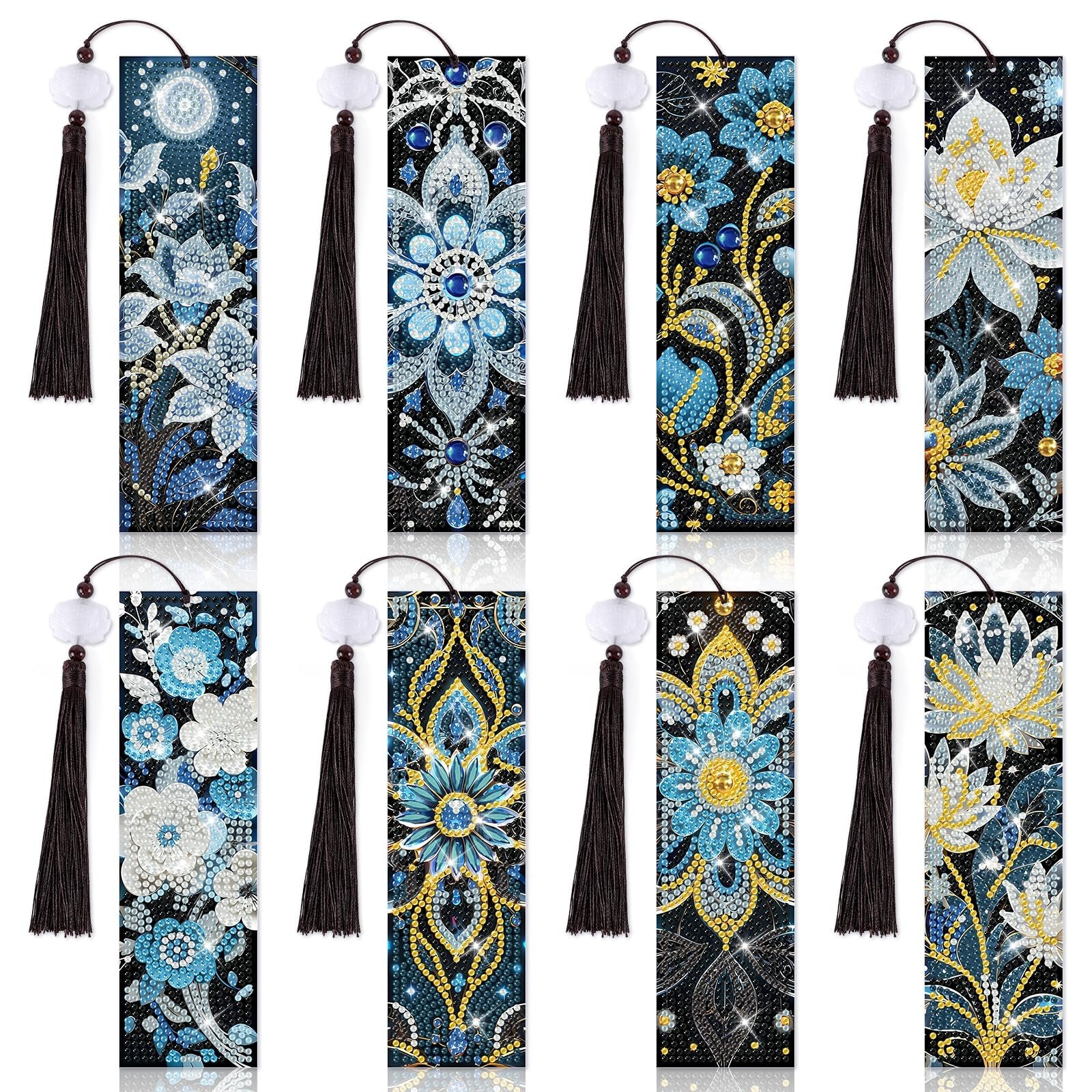 Eight diamond art bookmarks with floral and mandala designs, each with a tassel and decorative bead.