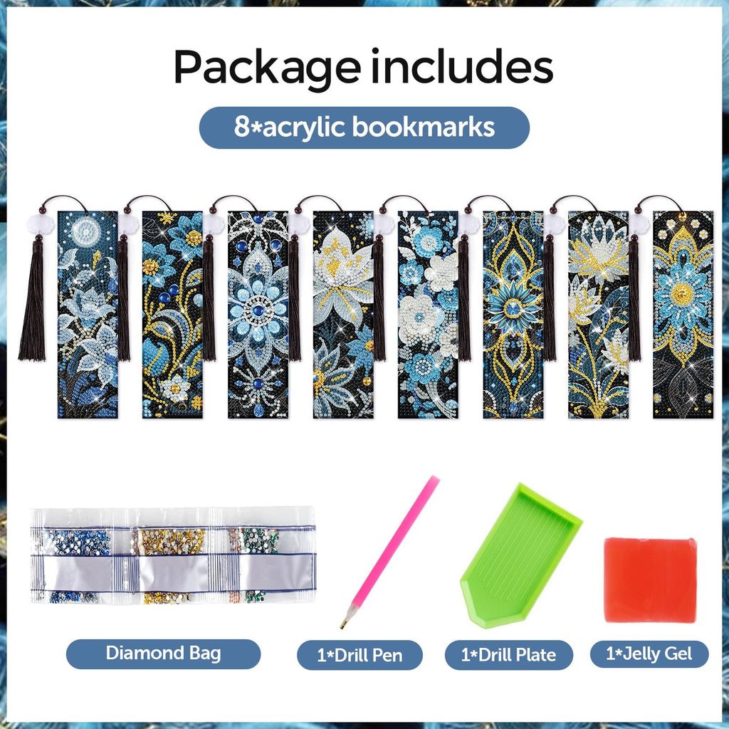 Diamond art bookmark kit showing 8 finished bookmarks and included tools like diamond bags, drill pen, plate, and jelly gel.