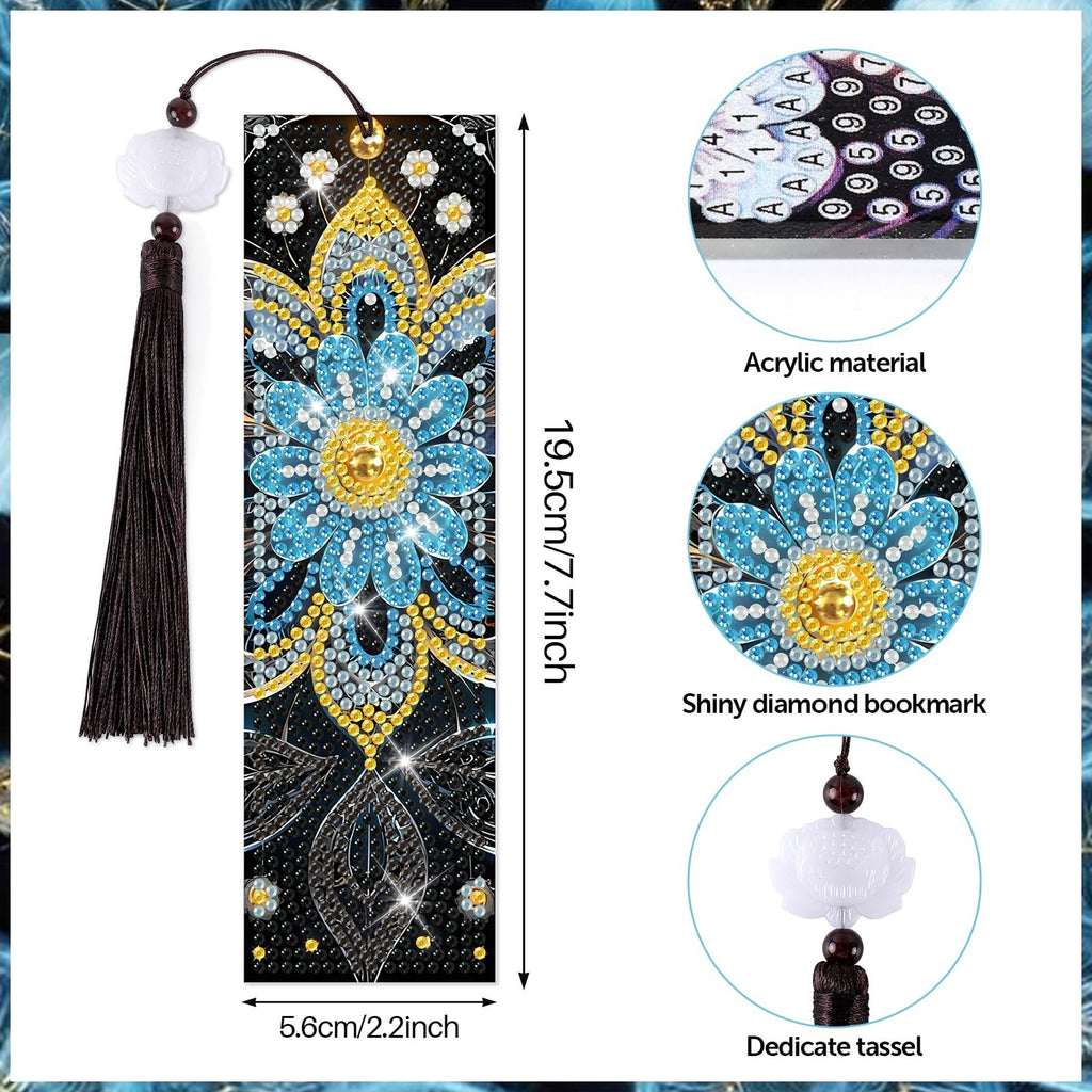 Diamond art bookmark with blue floral pattern, dark tassel, and decorative bead. Includes close-ups of diamond pattern, dimensions, and tassel.